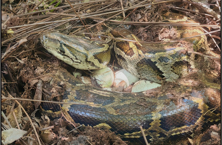 A female Burmese python with eggs.