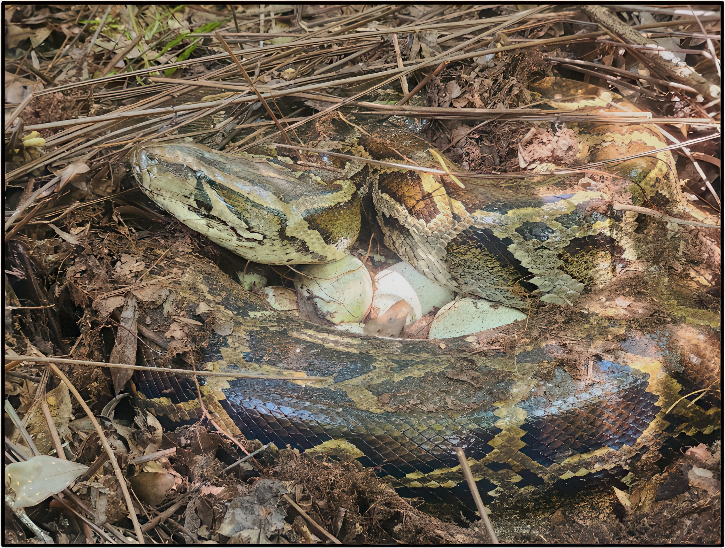 A female Burmese python with eggs.